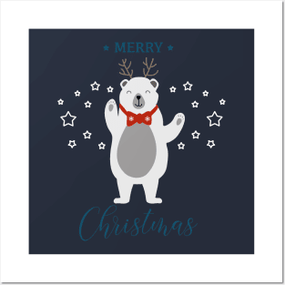 Holiday greeting from cute Polar Bear with reindeer antlers Posters and Art